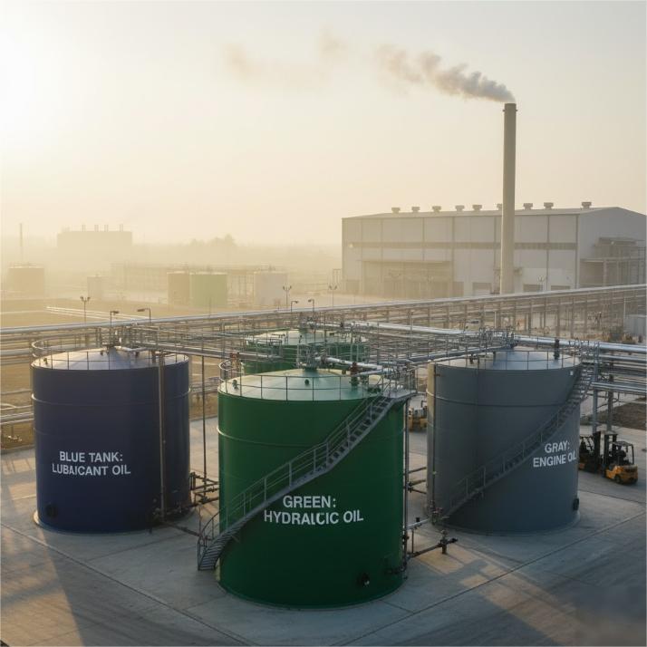 multiple large storage tanks in a waste oil recycling facility