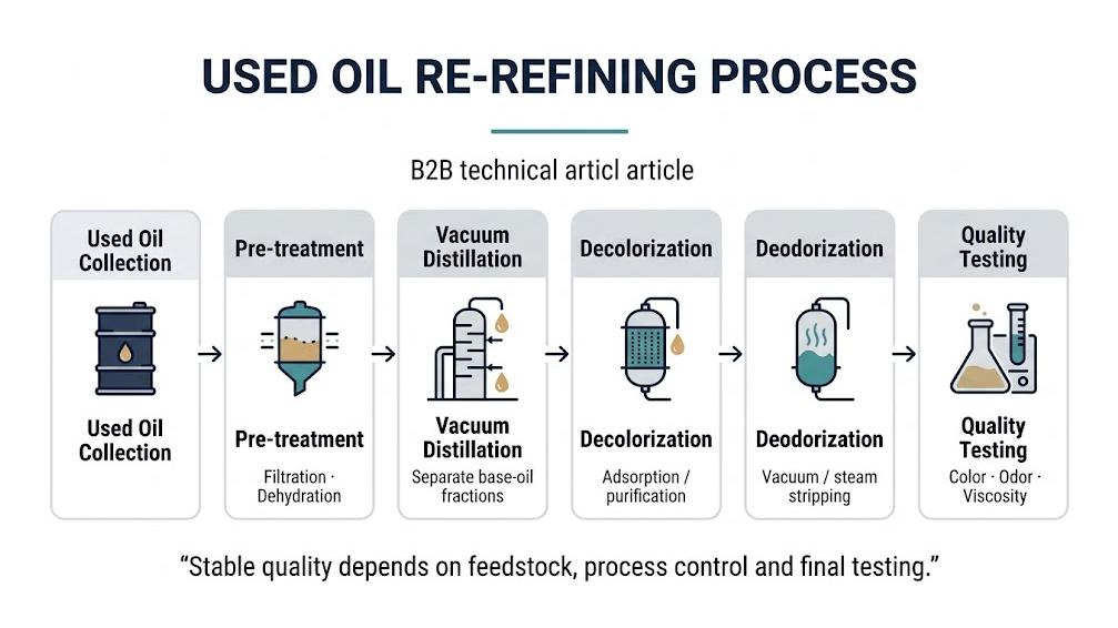 Process flow for used oil refining, decolorization, and deodorization