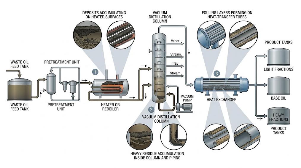 Common fouling locations in a waste oil distillation plant