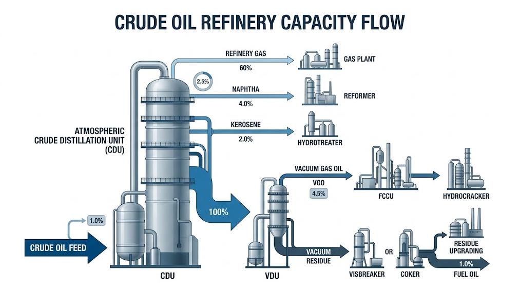 Crude oil refinery capacity flow centered on the CDU