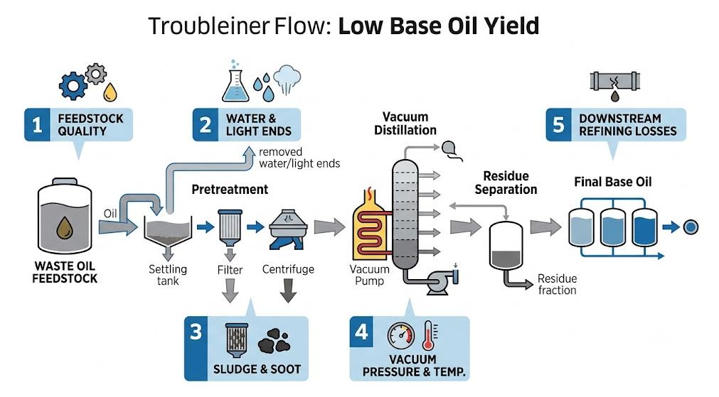 Low base oil yield troubleshooting