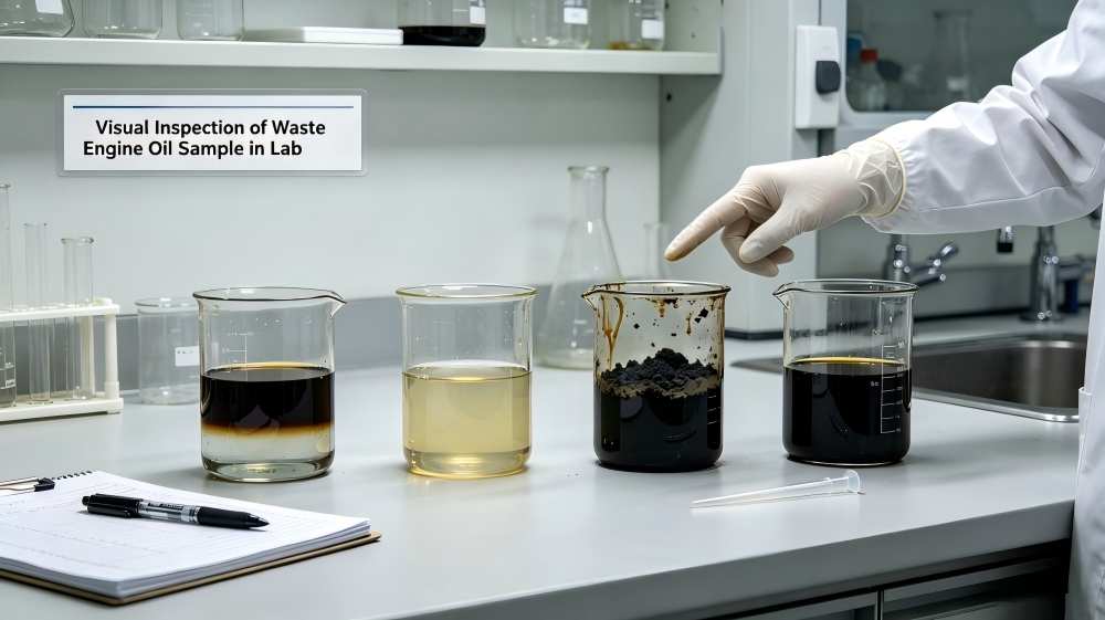 Visual Inspection of Waste Engine Oil Sample in Lab